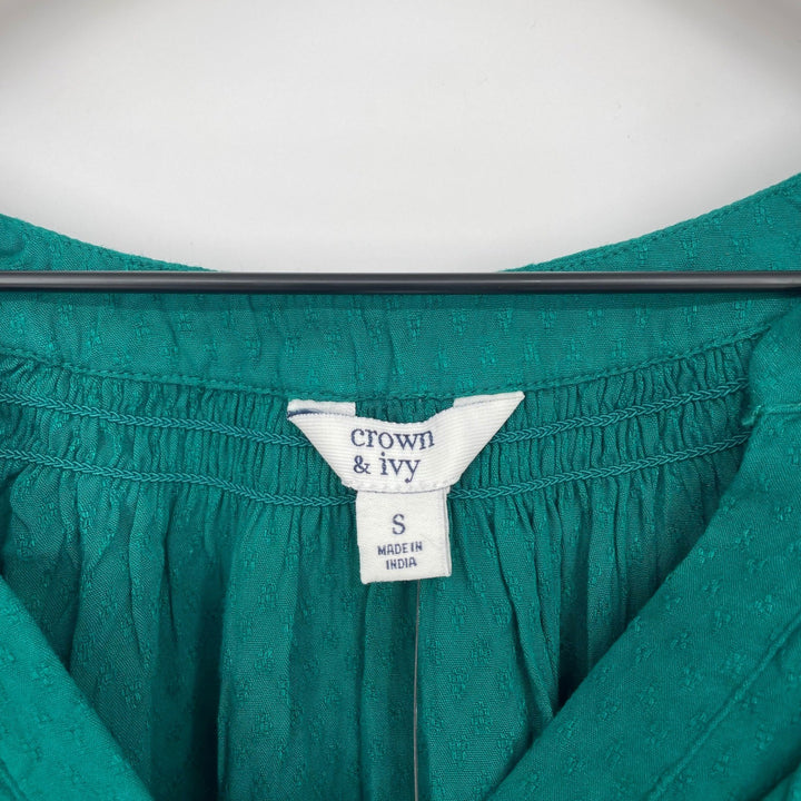 Crown Ivy Teal Green Textured Gathered Neck 3/4 Sleeve Blouse Top Size S