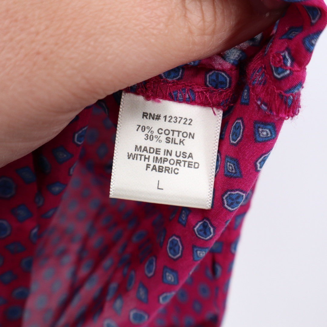 Xirena Pink Blue Geometric Ruffle Collar Button Up Shirt Top Size L