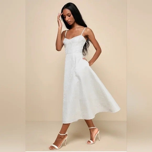 Lulus Meet Me For Tea White Jacquard Bustier Midi Dress Size S