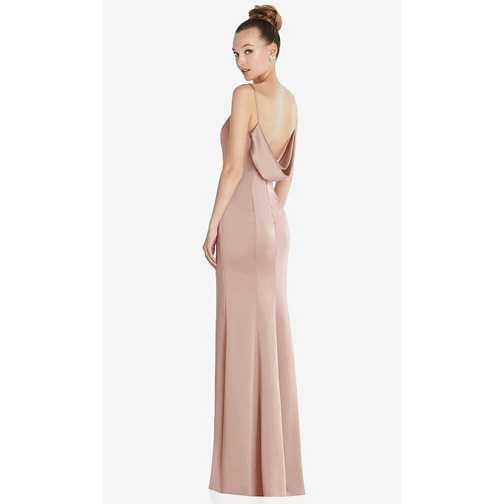 After Six Beige Satin V Neck Spaghetti Strap Floor Length Gown Dress Sz 4