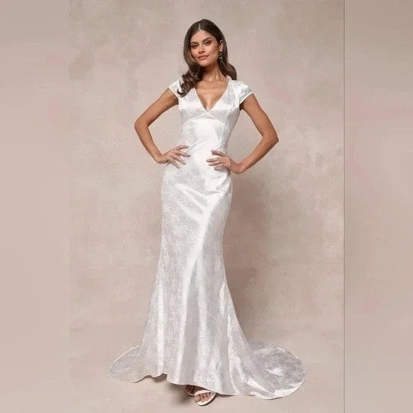 Lulus Loveliest Dream White Satin Jacquard Backless Mermaid Maxi Dress Size L