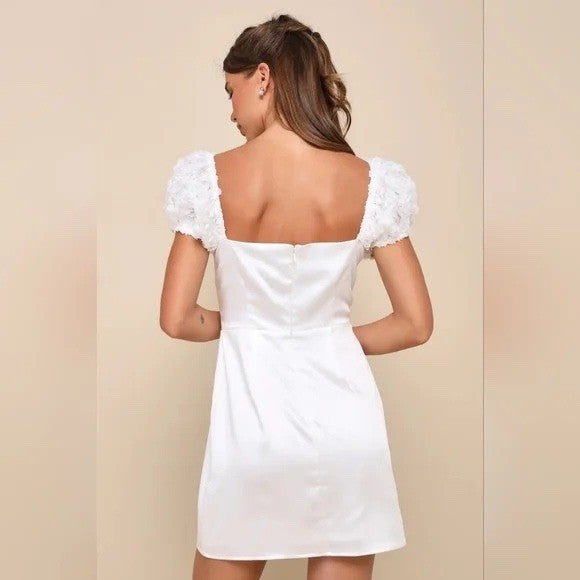 Lulus Precious Enchantment White Satin Floral Puff Sleeve Mini Dress Size S