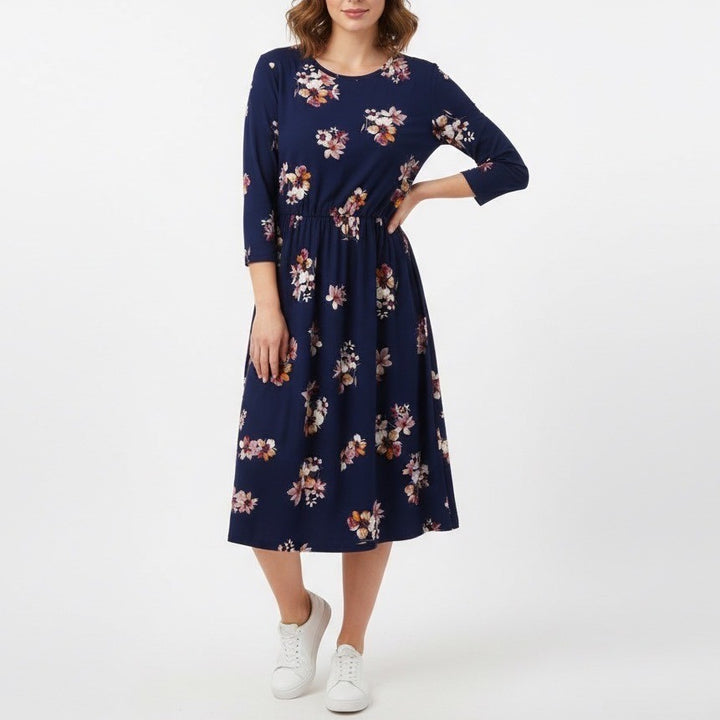 French Grey Murphy Brushed Knit Dress Navy Floral Print Size L