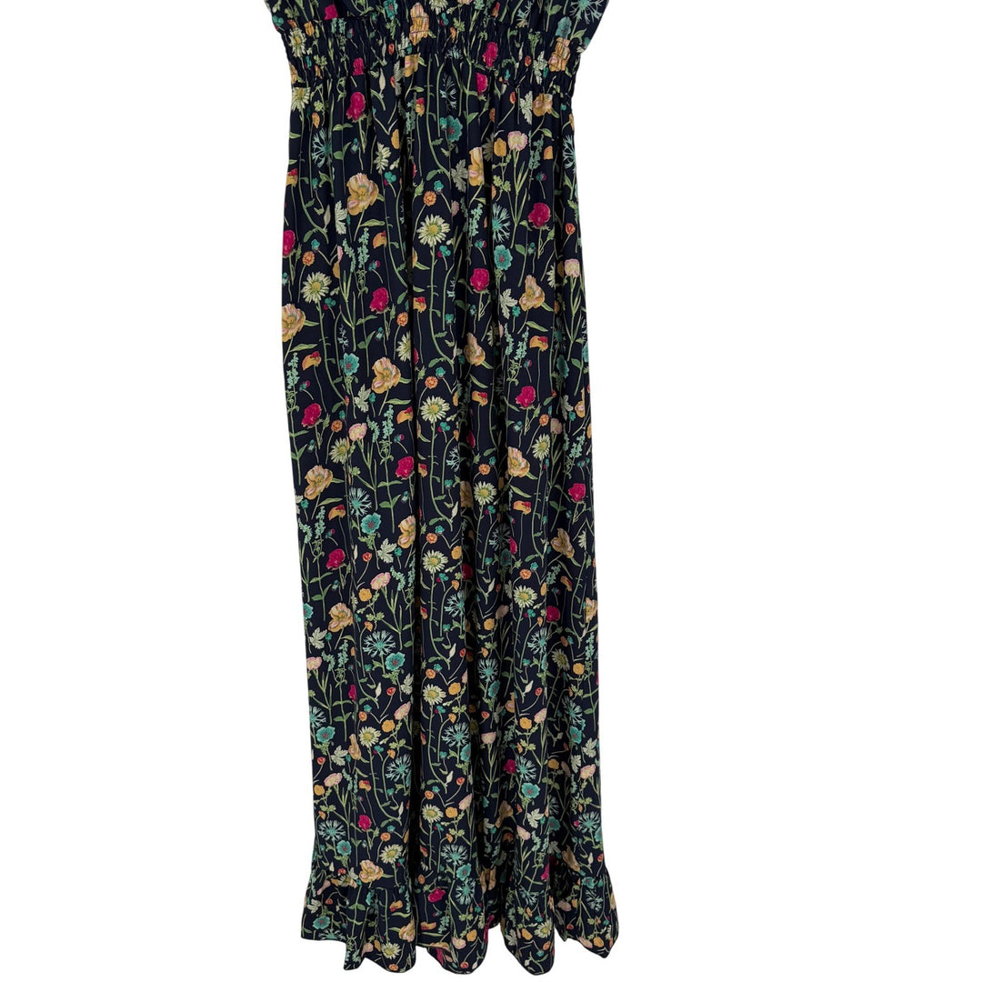 BETINA Floral Print Maxi Dress Deep V Neck Smocked Waist Tie Back Navy