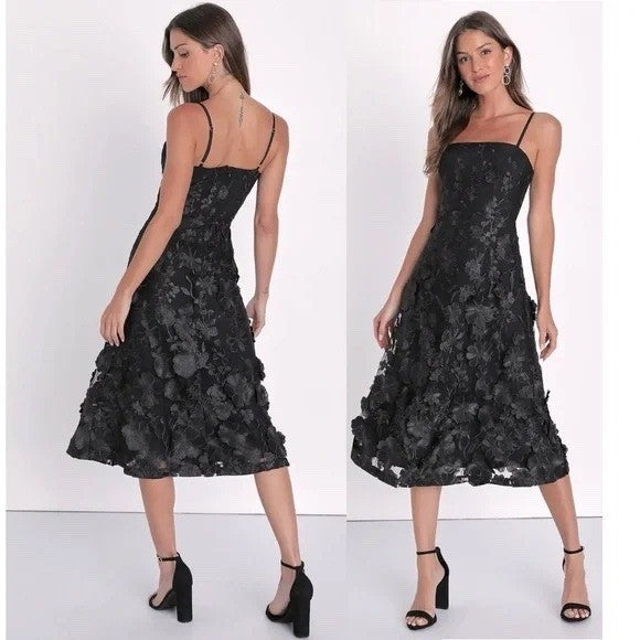 Lulus Glamour Garden Black 3D Floral Embroidered Midi Dress Size XS
