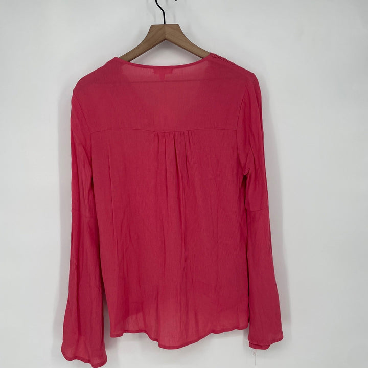 Eyeshadow Pink Crochet Trim Wrap V Neck Bell Sleeve Blouse Top Size S
