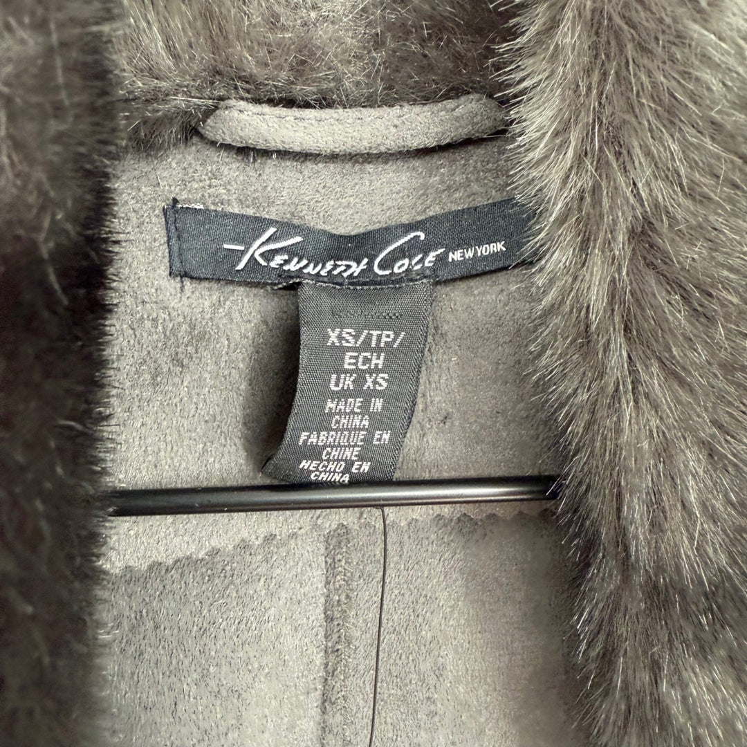 Kenneth Cole The Remy Vest Faux Fur Suede Drape Front Zip Pockets Grey XS