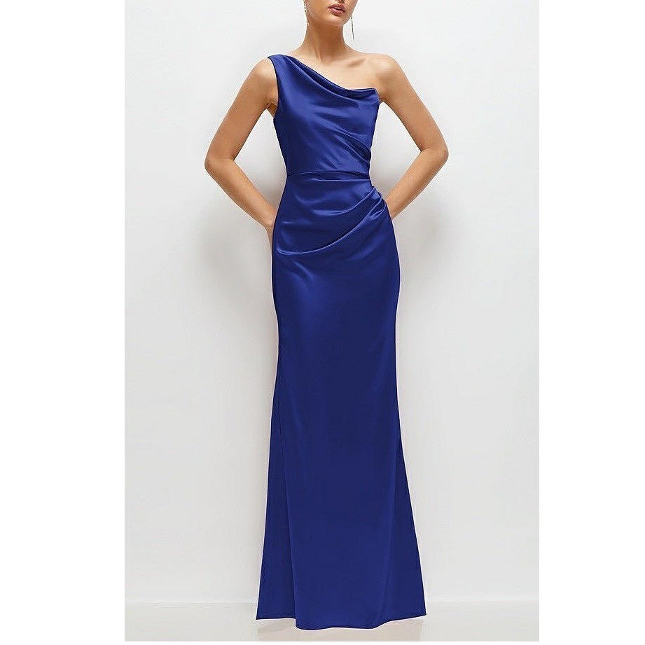 After Six One-Shoulder Cat-Eye Neckline Fit and Flare Satin Maxi Dress Size 4