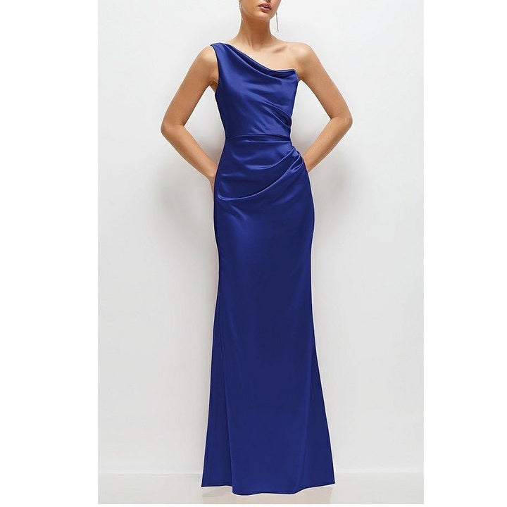 After Six One-Shoulder Cat-Eye Neckline Fit and Flare Satin Maxi Dress Size 4