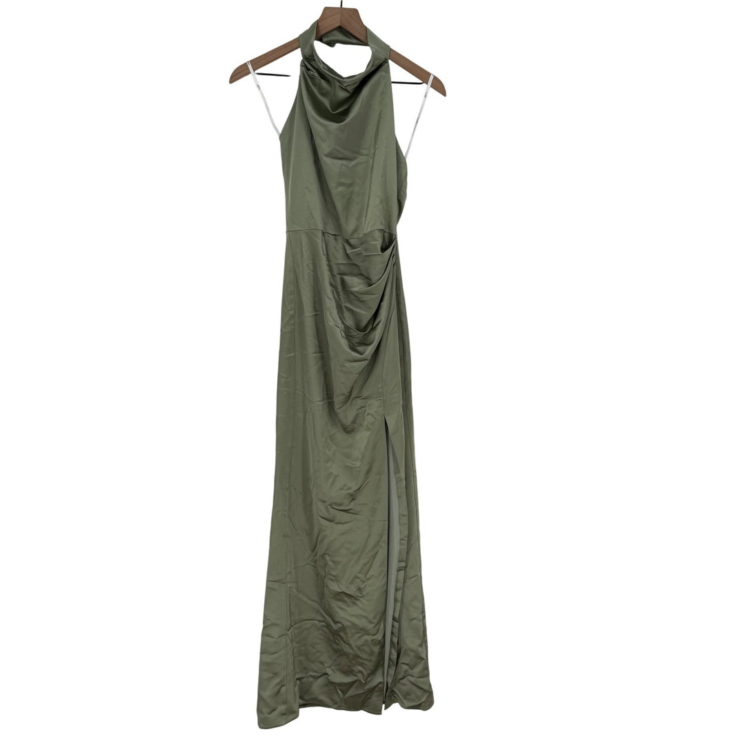 Lovely Noor Cowl Halter Open-Back Satin Maxi Dres In Sage Size XS