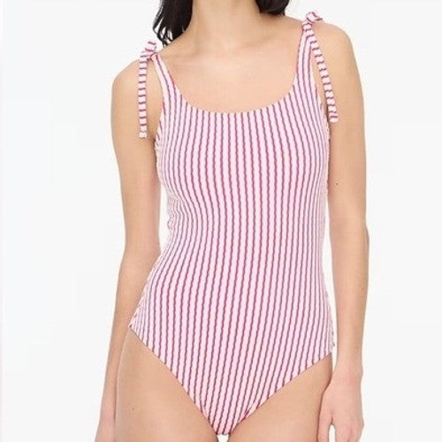 J.Crew Striped Tie-Shoulder One-Piece Swimsuit Sweet Fuchsia White Size XL