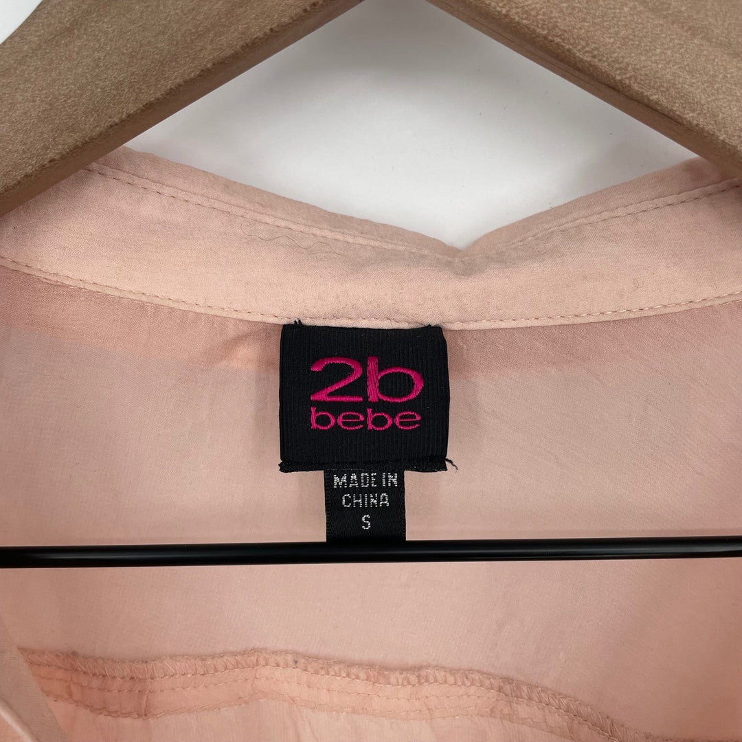2b Bebe Sheer Peach Button Down Shirt Roll Tab Sleeves Pockets Size S