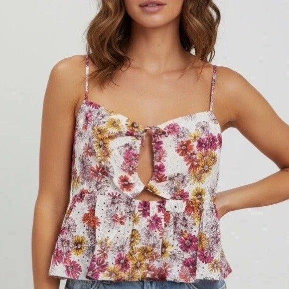 Wayf Eyelet Peplum Cami Top Cut Out Tie Front Sleeveless Floral XL