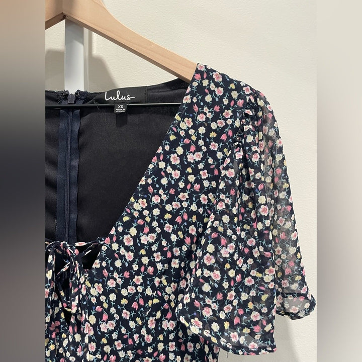 Lulus Renee Navy Blue Floral Print Ruffled Lace-Up Midi Dress Size XS