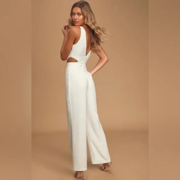 Lulus Moments To Remember White Sleeveless Wide-Leg Cutout Jumpsuit Size M