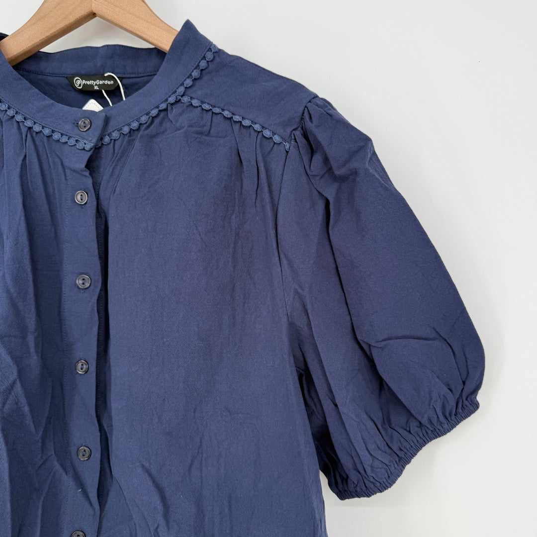 Pretty Garden Navy Blue Puff Sleeve Button Down Shirt Women's XL Casual