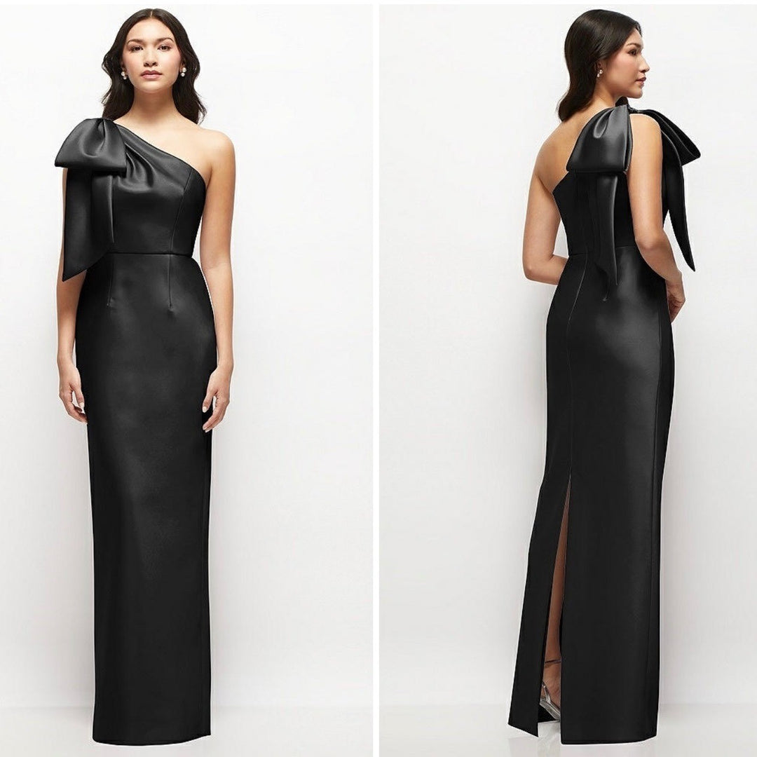 Alfred Dunner Oversized Bow One-Shoulder Satin Column Maxi Dress Size 8