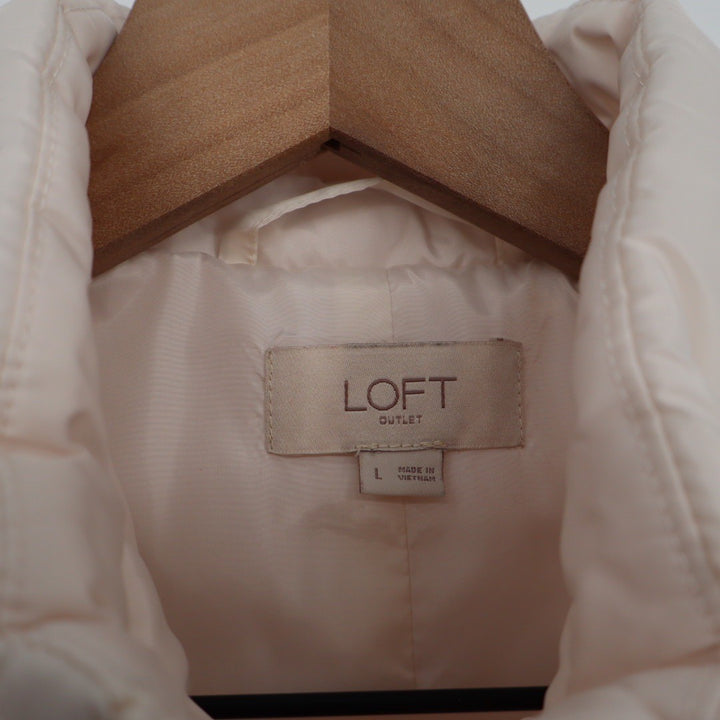 LOFT Outlet Puffer Vest Womens Size L Cream Quilted Full Zip Mock Neck