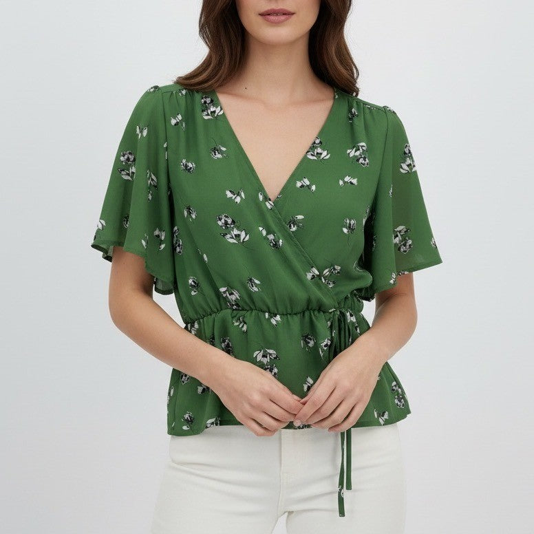 ASTR The Label Green Floral Wrap Peplum Blouse Butterfly Sleeve Size Medium
