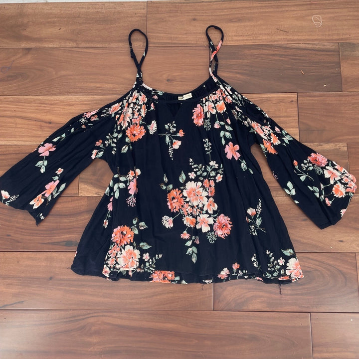 Japonica Black Floral Cold Shoulder Bell Sleeve Blouse Top Size S