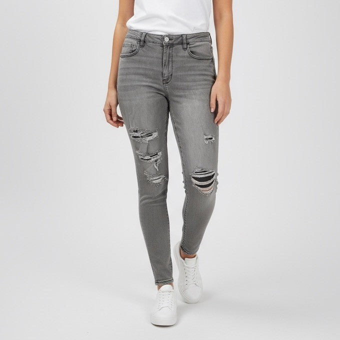 American Eagle Hi-Rise Jegging Gray Distressed Skinny Stretch Jeans Women Sz 12