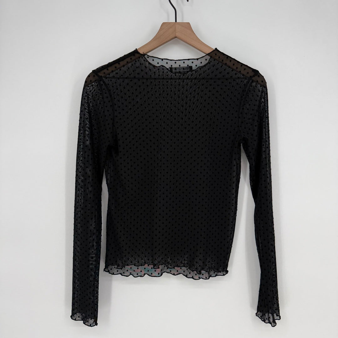 ZARA Black Polka Dot Mesh Sheer Long Sleeve Top Size S
