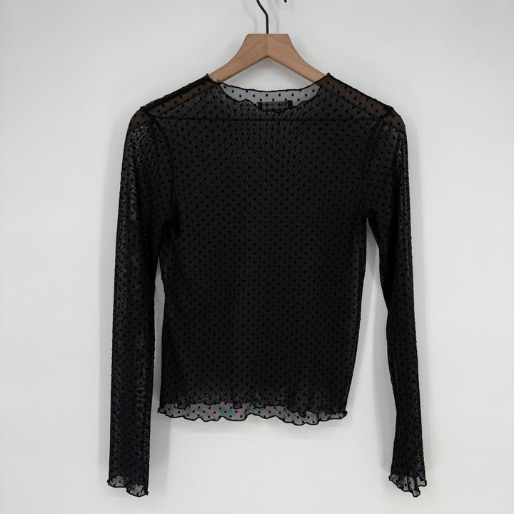 ZARA Black Polka Dot Mesh Sheer Long Sleeve Top Size S