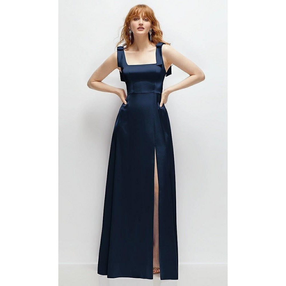 After Six Square neck Fluid Satin Maxi Dress With Bow Straps In Midnight Navy