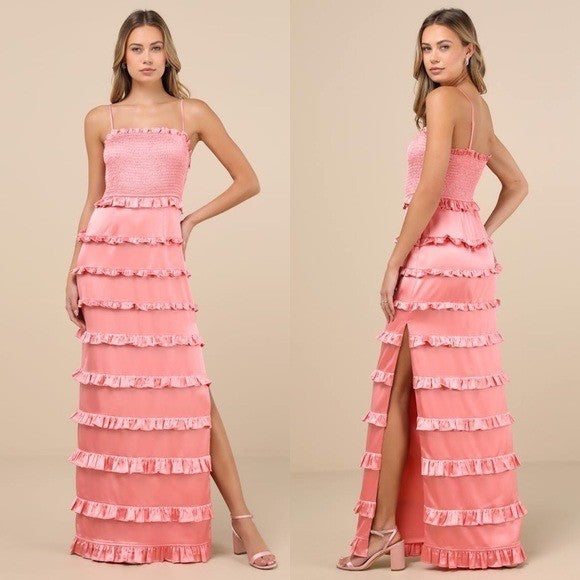 Lulus Sincerely Fabulous Peach Pink Satin Smocked Ruffled Maxi Dress Size M