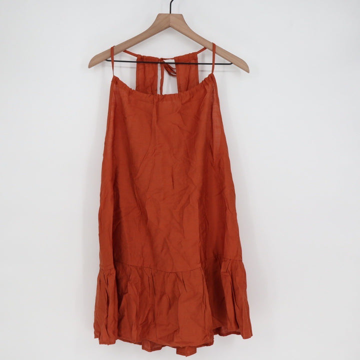 AOLRO Orange Crinkle Tiered Midi Dress Halter Neck Tie Back Size L
