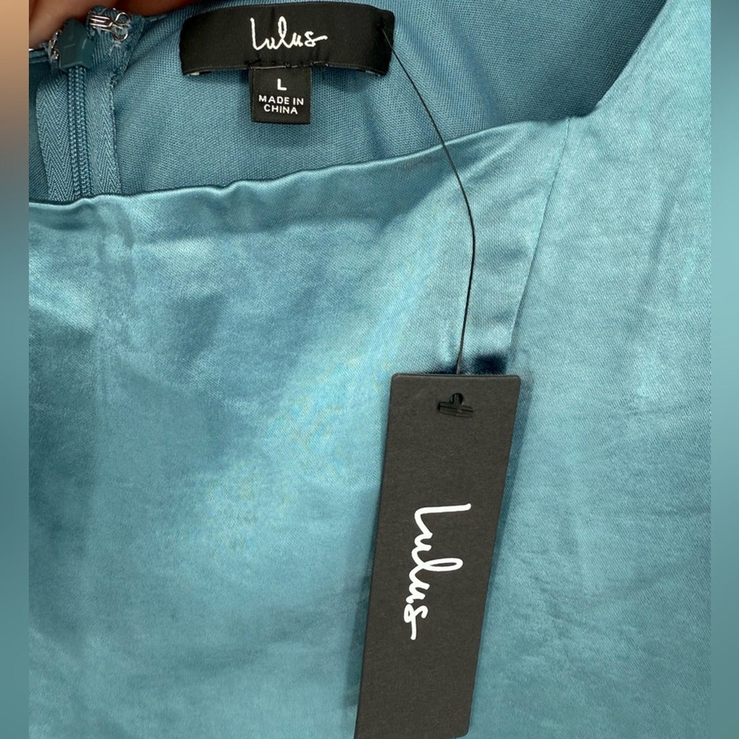 Lulus Got The Love Slate Blue Satin Square-Neck Mini Dress Size L