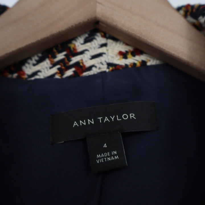 ANN TAYLOR Houndstooth Tweed Fringe Blazer Jacket Navy Cream Red Size 4