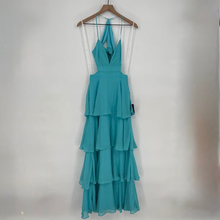 Lulus Tier and Now Blue Tie-Back Tiered Maxi Dress Size S