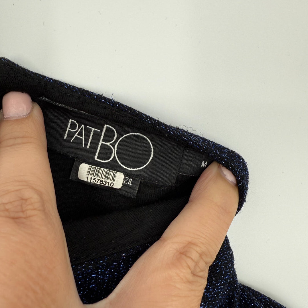 PatBo Sweater Womens Medium Blue Glitter Stretch Mock Neck Puff Sleeve Back Zip