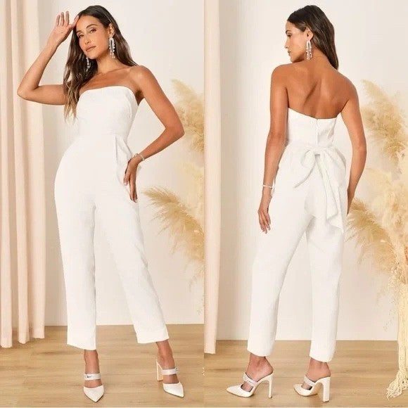 Lulus Beloved Bliss Ivory Strapless Slim Leg Bow Jumpsuit Size L