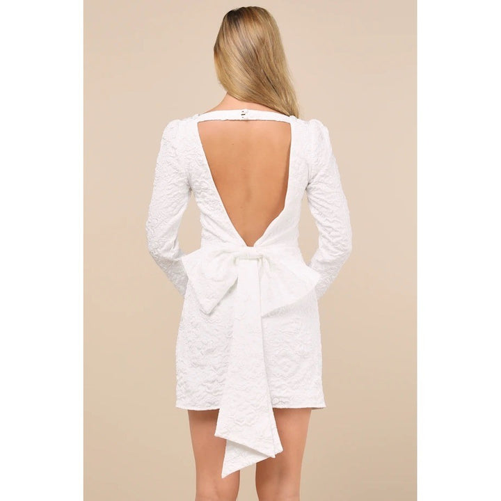 Lulus Elevated Icon White Jacquard Long Sleeve Bow Mini Dress Size M