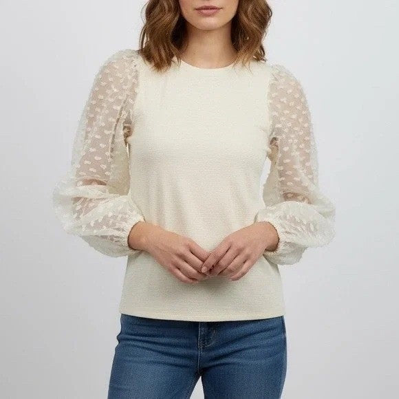 Maeve by Anthropologie Textured Puff Sleeve Top Ivory XXS