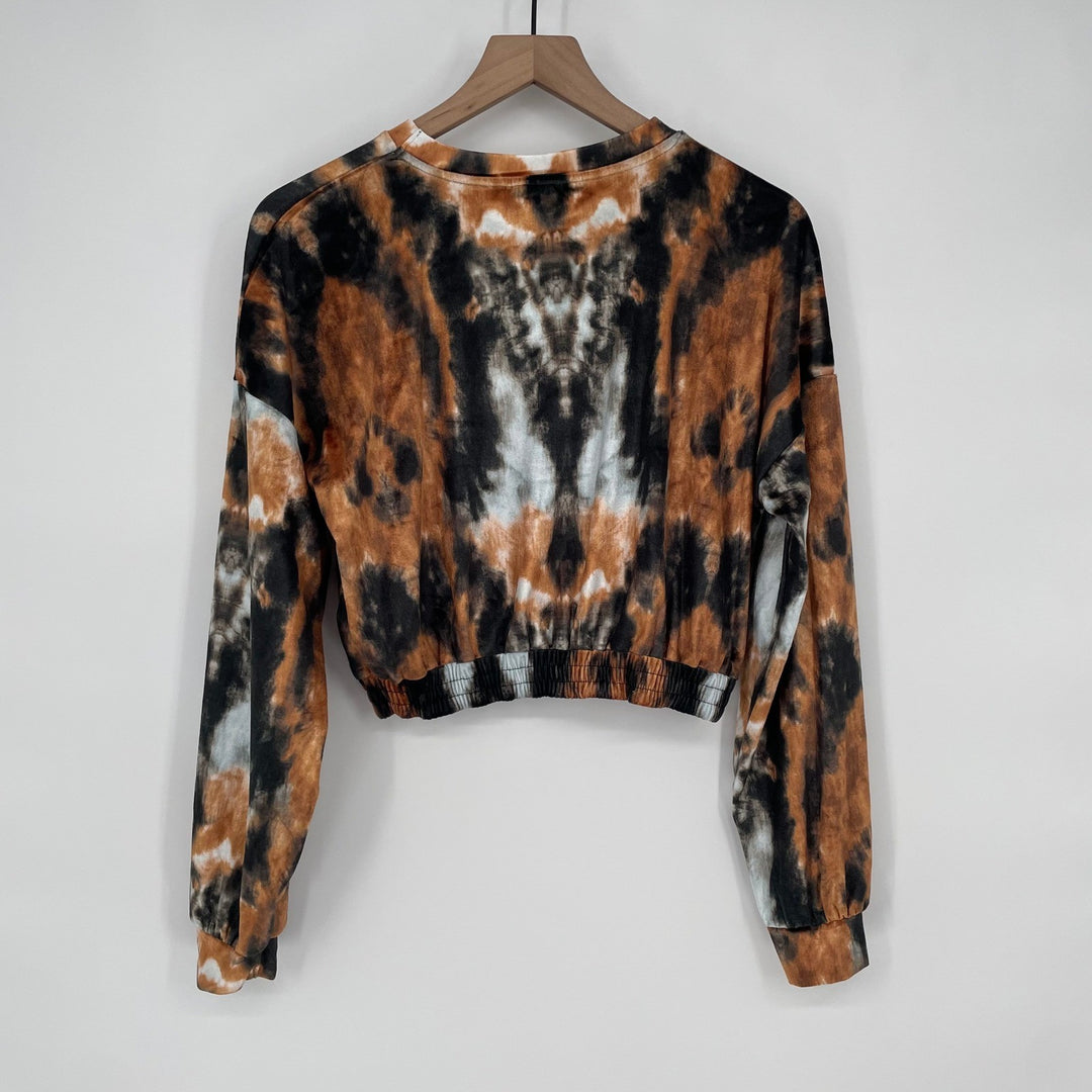 TOPSHOP Tie Dye Cropped Sweatshirt Long Sleeve Crewneck Orange Black Size 6