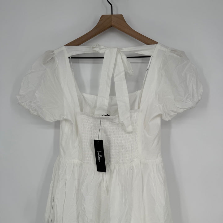 Lulus Stylish Merriment White Puff Sleeve Embroidered Midi Dress Size M