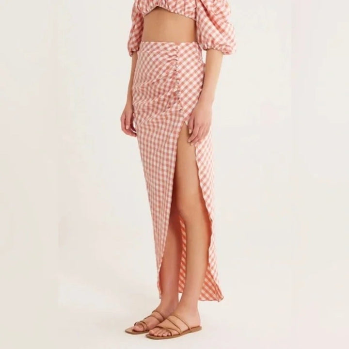 Rumer Bisou Ruched Gingham Maxi Skirt Size S