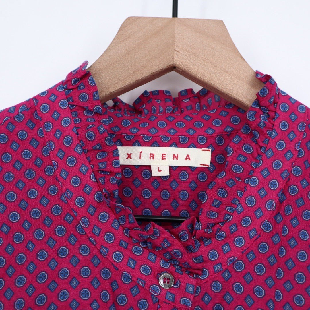 Xirena Pink Blue Geometric Ruffle Collar Button Up Shirt Top Size L
