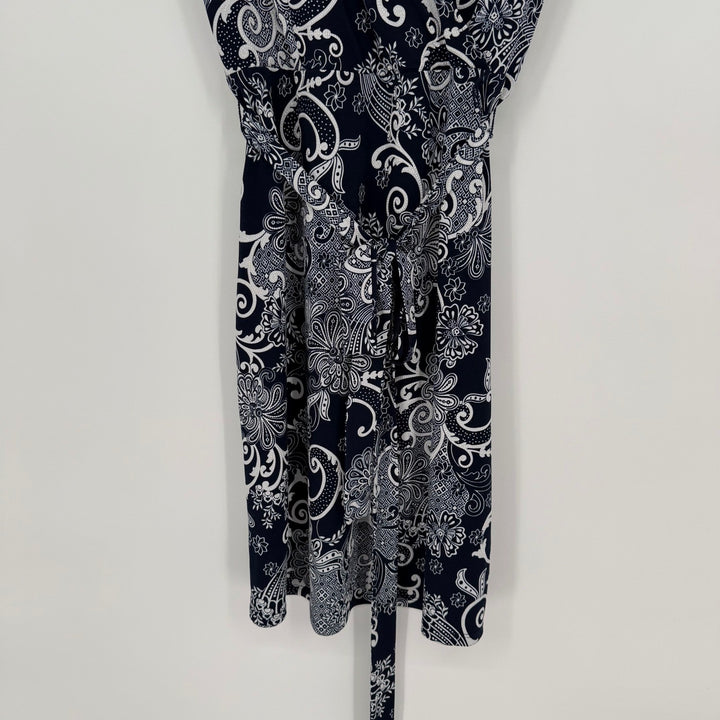 Glamour Women's Navy Blue White Paisley Print Wrap Dress Ruffle Sleeve Size 8