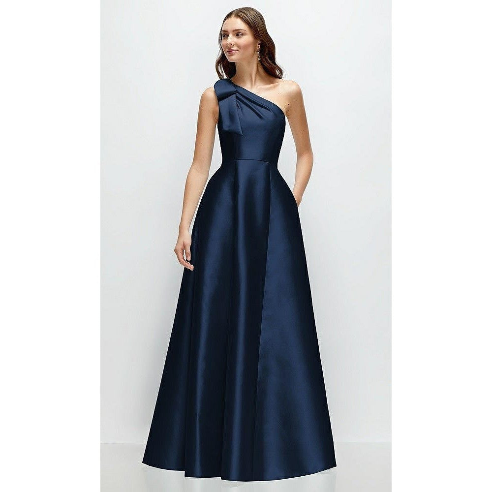 Alfred Sung Bow One-Shoulder Full A-Line Satin Maxi Dress Size 10