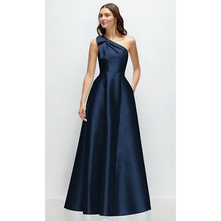 Alfred Sung Bow One-Shoulder Full A-Line Satin Maxi Dress Size 10