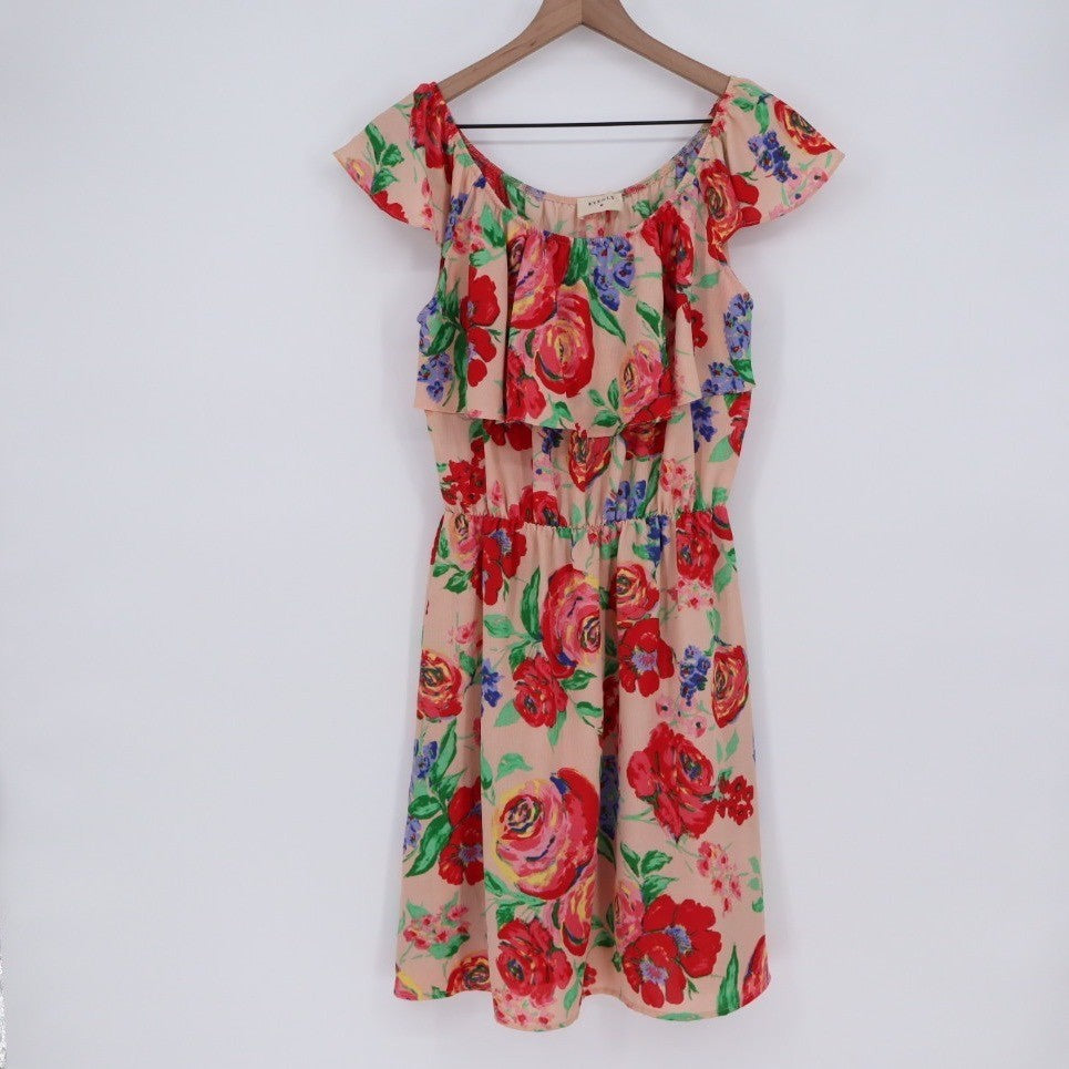 Everly Floral Ruffle Off Shoulder Dress Peach Red Blue Size L