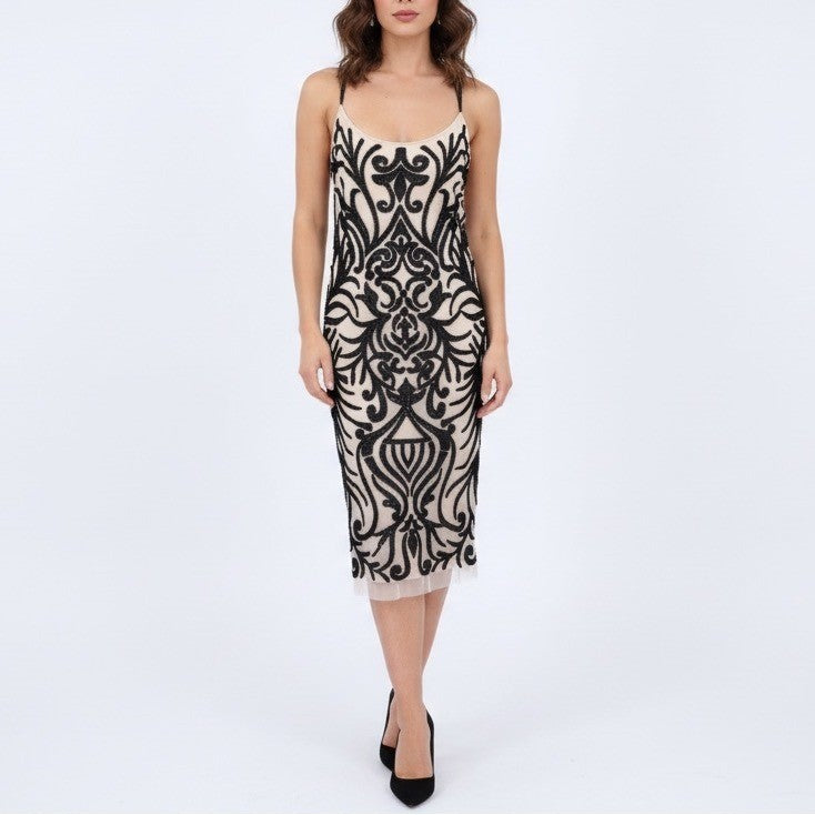 Badgley Mischka Collection Embellished Sheath Vintage Dress Black Beige Size 10