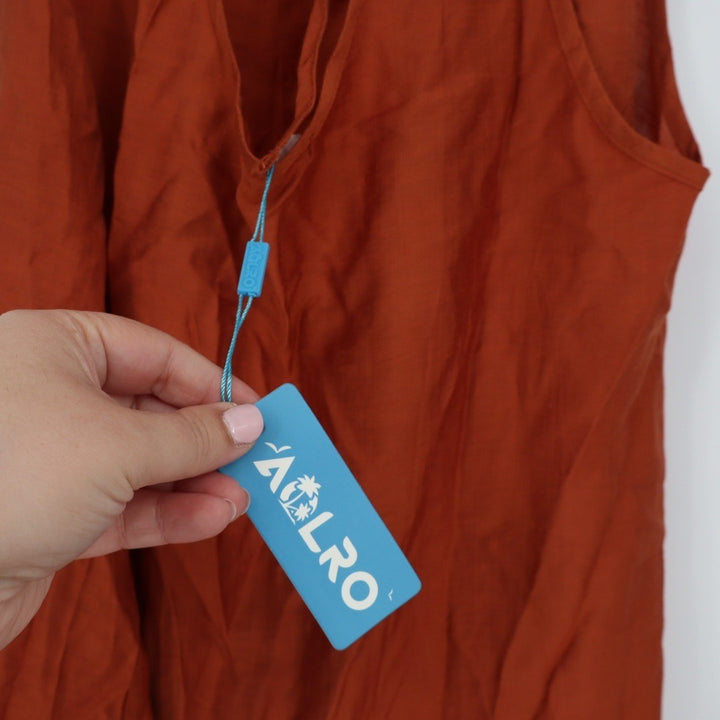 AOLRO Orange Crinkle Tiered Midi Dress Halter Neck Tie Back Size L