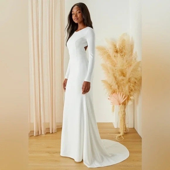 Lulus Eloquent Endearment White Long Sleeve Backless Maxi Dress Size L