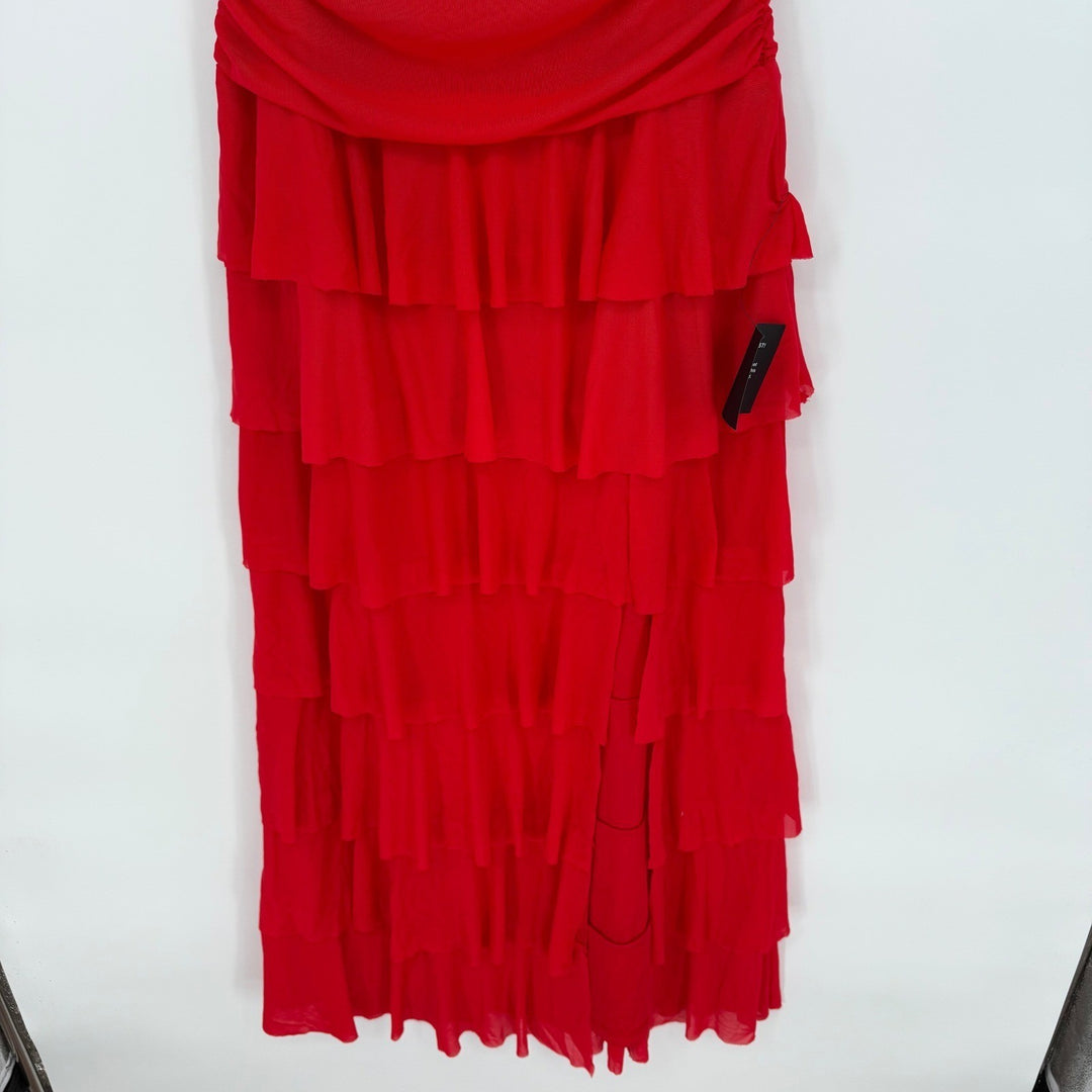 Lulus Exceptional Existence Red Mesh Ruched Tiered Maxi Dress
