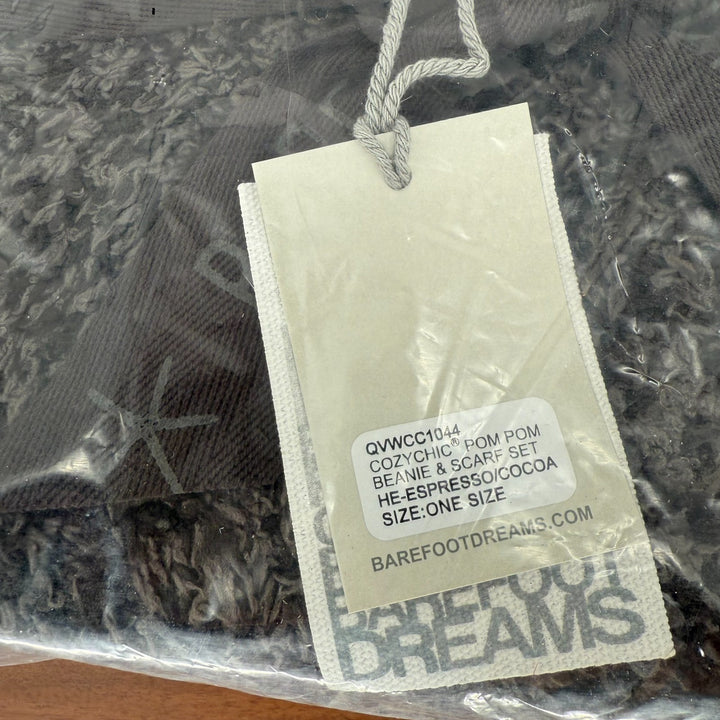 Barefoot Dreams CozyChic Pom Pom Beanie & Scarf Set Womens Espresso Cocoa Winter